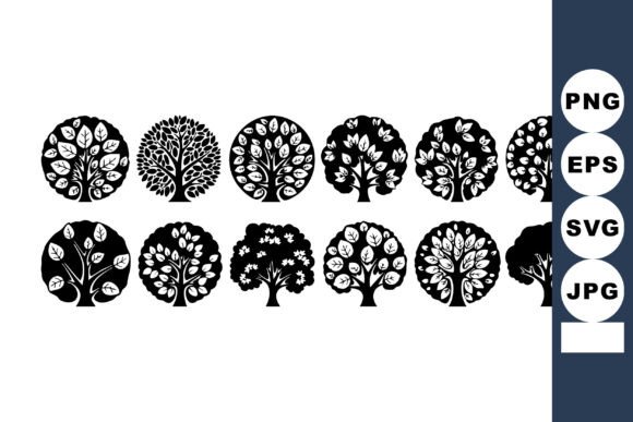 Black and White Decorative Round Tree Icons: A Minimalist Design Asset
